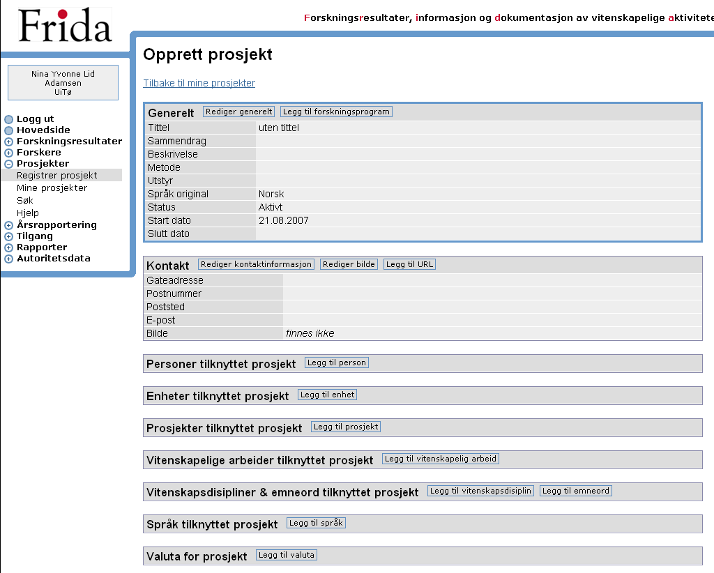 Ved å velge Min forskerprofil kan du selv redigere informasjonene som ligger om deg i Forskerkatalogen. Katalogen viser også hvor mange resultat som er registrert på deg i ulike databaser, f.