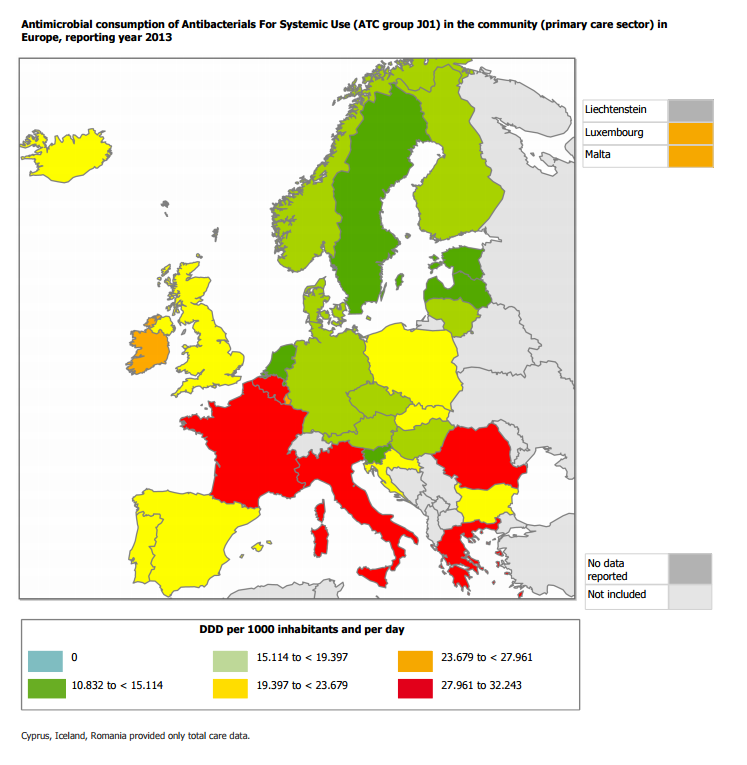 Norge - et land i Europa (2013) Antimicrobial consumption of Antibacterials For Systemic Use (ATC group J01) in the