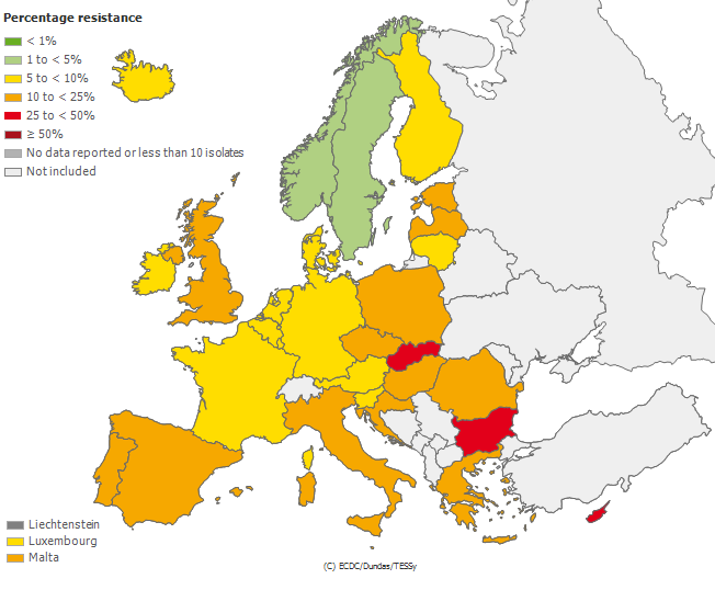 Proportion of 3rd generation cephalosporins (R+I) resistant Escherichia coli