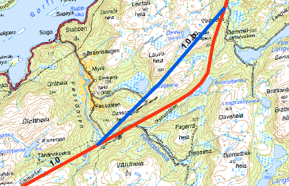 Figur 1. Justert trasé ved Tanårviksetra. 2.1.4 Justert alternativ 1.0 c Omsøkt trasé går tvers igjennom et regionalt viktig friluftsområde med flere merkede tur- og skiløyper.