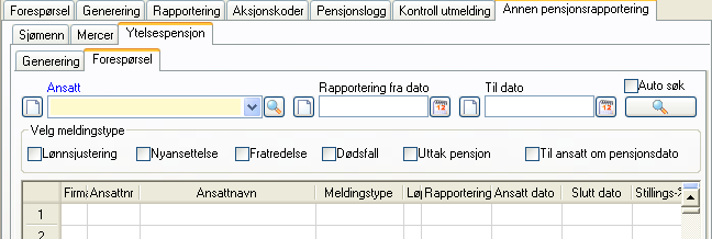 2.10 Pensjonsrapportering 2.10.1 Forespørsel genererte transaksjoner Det er laget en ny fane for forespørsel på genererte transaksjoner.