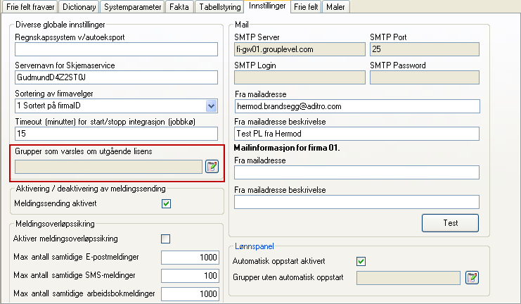 Hvis det er ønskelig å begrense denne varslingen til spesielle brukergrupper gjøres dette under Sysadm System vedlikehold Innstillinger.