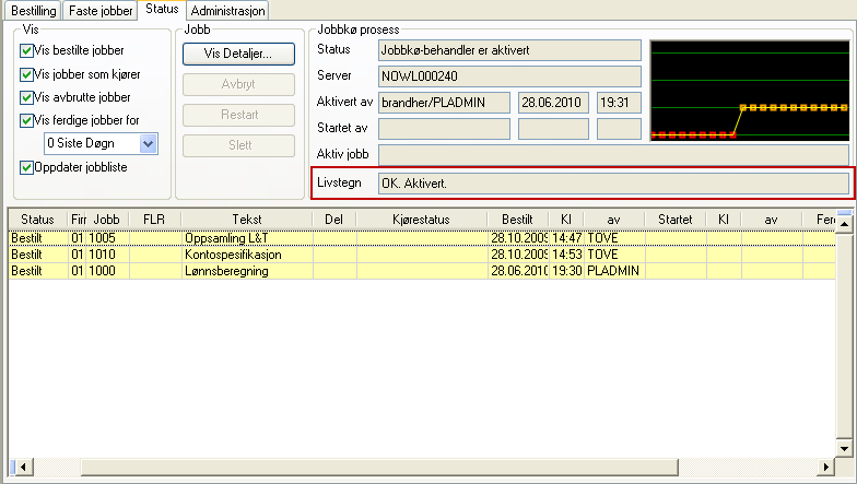 Jobbkø, status i live Det er innført et nytt felt i jobbkø-monitor (Bestilling og status -> Status), hvor man kan se status på jobbkø prosessen, om den kjører, venter på ny jobb osv.