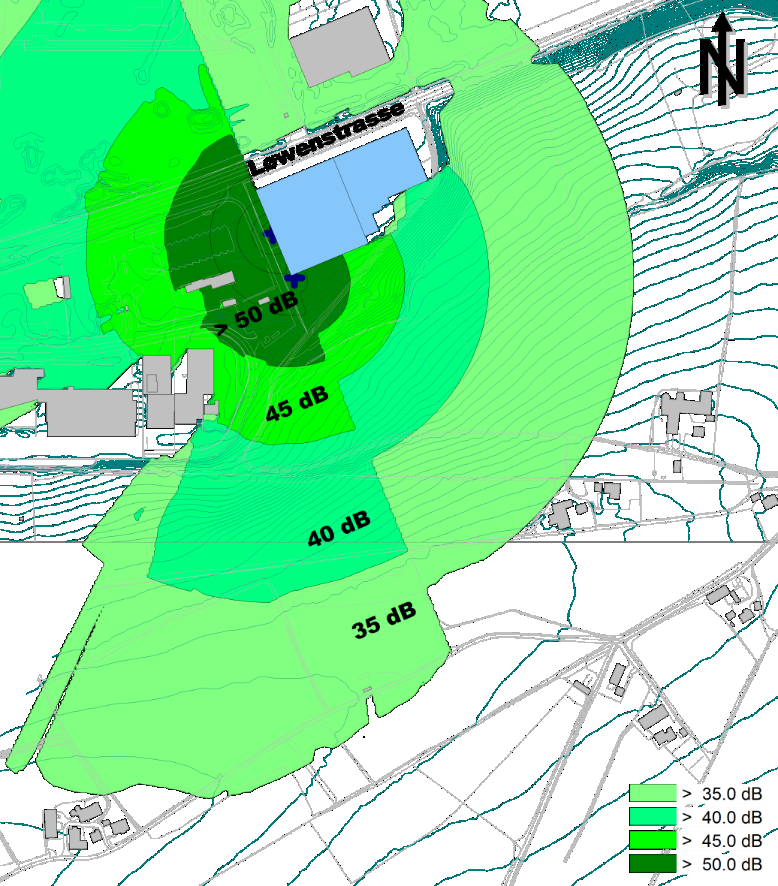 37 Figur 5-10: Støyberegning LNight 4 meter over terreng med lydeffektnivå LWA = 97 db for skorsteinsutløp og LWA = 102 db for luftinntak.