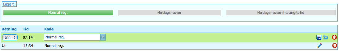 LEGGE INN GLEMTE REGISTERINGER Gå på den aktuelle dagen og legg inn/ut eller heldagsfravær. HUSK ALLTID Å KLIKKE «OPPDATER» NÅR DU HAR FORETATT ALLE ENDRINGER!