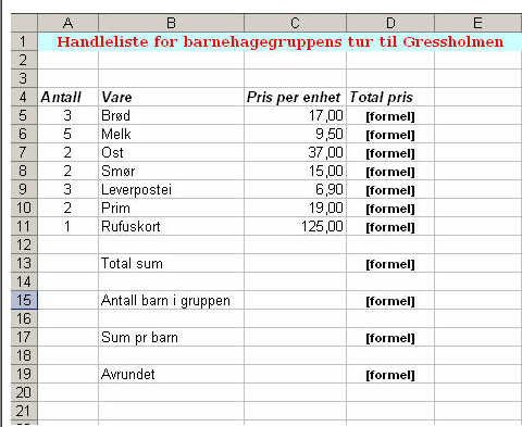 Formelkonstruksjon Alle formler begynner med = Lovlige operatorer: + - * / For å opphøye, bruk ^ Autofyll for å kopiere