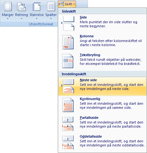 Inndelinger Opprette inndelinger Inndelinger benyttes når du formatere deler av dokumentet forskjellig. Dette kan bl.a. være forskjellige marger, topp- og bunntekster, spalter, sidenummerering, papirretning, fotnoter, sluttnoter etc.