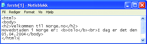 36 Webprogrammering i PHP Kodesnutt 1.1 I scriptet forste.php er HTML og PHP blandet sammen <html> <body> <h2>velkommen til Norge.no</h2> <?