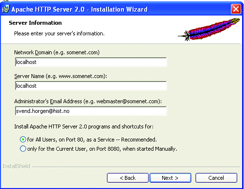 Kom i gang med PHP 23 1.2.2 Nærmere forklaring til installasjon av Apache under Windows Apache er fri, gratis og meget solid. Versjoner i 1.3 serien er mye brukt, men etter at 2.