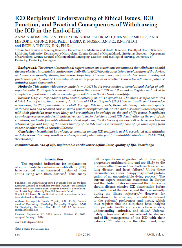 ICD Recipients Understanding of Ethical Issues, ICD Function, and Practical Consequences of Withdrawing the ICD in the End-of-Life (Strømberg et al.