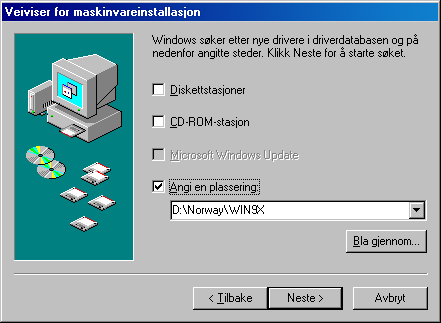 Følgende prosedyre gjelder bare installasjon under Windows 98. Når du starter opp Windows første gang med LBP-1210 koplet til datamaskinen, vil Ny maskinvare funnet-dialogboksen vises.