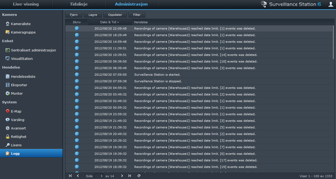 Brukerveiledning for Synology RackStation Se på logg Gå til System> Logg under Administrasjon for å vise og administrere loggregistreringer av kritiske hendelser som frakobling av kameraer