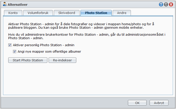 Brukerveiledning for Synology RackStation Aktiver personlig Photo Station DSM admin eller en bruker som tilhører gruppen administrators kan aktivere Personlig Photo Station-tjeneste for å la Synology