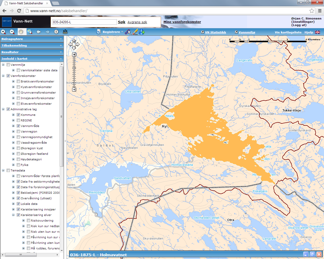 Holmavatnet (036-1875-L) Overvåkingsdata mm: Stor, kalkfattig, klar, dyp (innsjø) Moderat (påvirkningsanalyse, ph: svært god) ksmvf Stor grad Vannkraftsdam Forsuringsstatus i Rogaland