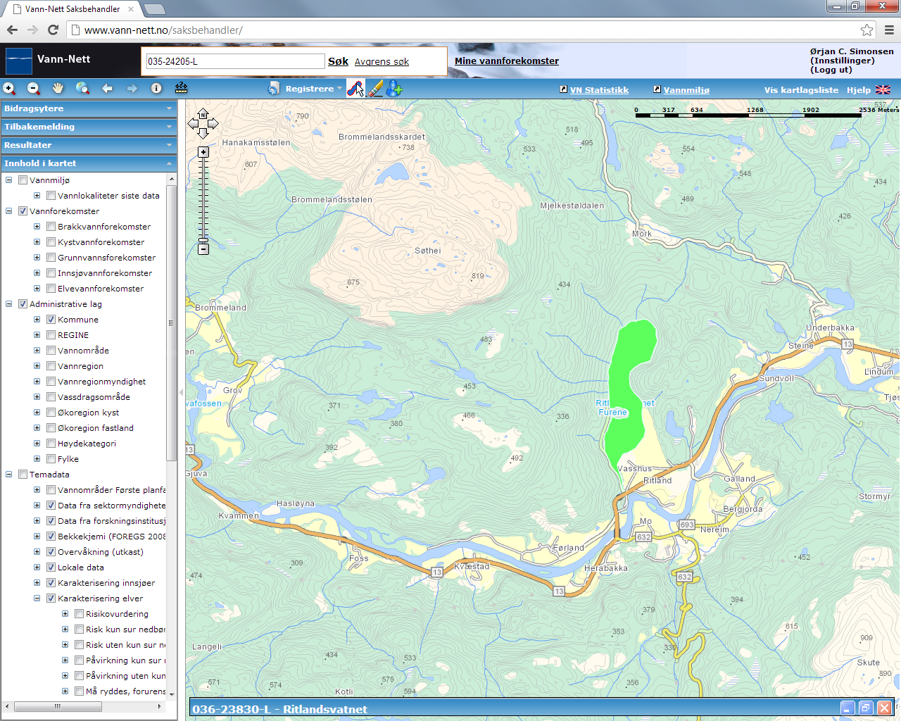 Ritlandsvatnet (036-23830-L) Overvåkingsdata mm: Middels, svært kalkfattig, klar, grunn (innsjø) God (ph: