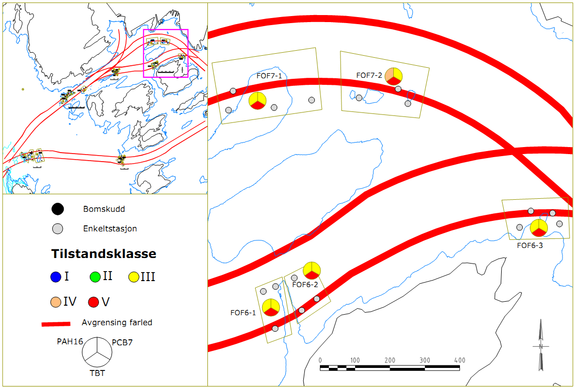 28 (78) FARLED INDRE OSLOFJORD Figur 21: Kart over grunnene i ny farled ved Hovedøya og Kavringsanden i Indre Oslofjord (FOF6 og FOF7), med kakediagram som viser tilstandsklassene til bly, kobber og