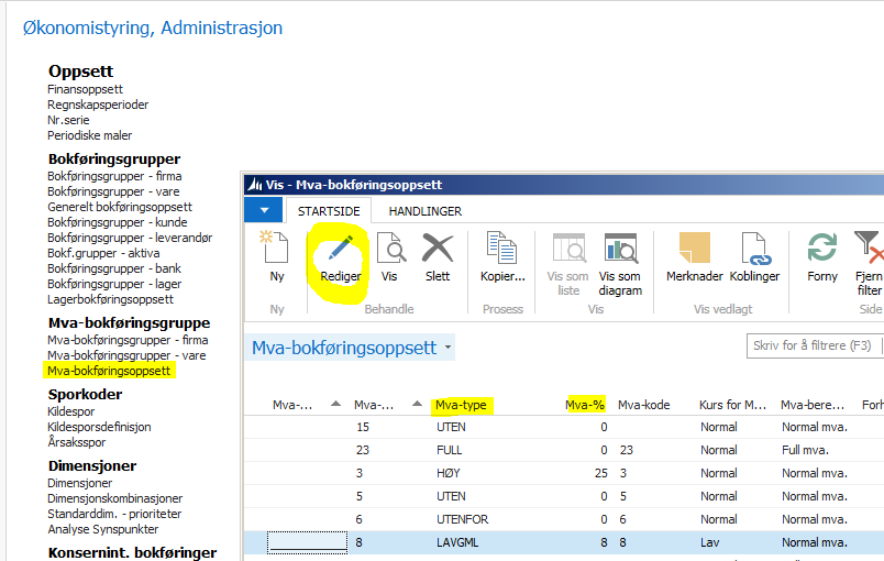 Følgende gjøres i denne rekkefølge: 1. Legg inn kombinasjoner av MVA-bokføringsgruppe firma og MVA-bokføringsgruppe vare, med den nye koden. Lag en ny MVA type på disse (for eksempel. LAVGML).