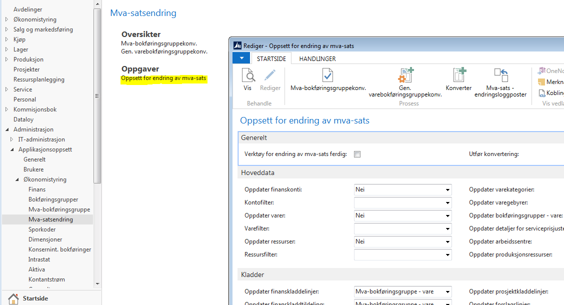 OPSJON: KONVERTERING AV MVA-SATSENDRING (NAV 2015 OG SENERE VERSJONER) Følgende oversikt definerer funksjonene i verktøyet for endring av mva-satsen: Utfører mva-satskonverteringer for hoveddata,