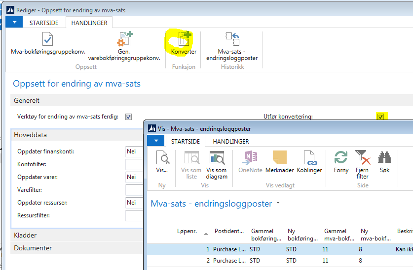 KONVERTERING Selve oppsettet av hvilken kode som skal konverteres til ny kode settes her. Når du vil køre test kan velger du Oppsett for endring av mva-sats og ikonet Konverter, på fanen Handlinger.