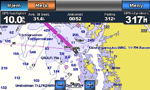 Båtmodus: Komme i gang Navigere direkte til et bestemmelsessted 1. I skjermbildet Hjem trykker du på Kart > Navigasjonskart. 2. Trykk på det stedet du vil navigere til, på navigasjonskartet.