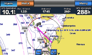 Båtmodus: Navigering Veiledning til bruker kartdata på et SD-kort for BlueChart g2 Vision til automatisk å foreslå en overfart fra den gjeldende posisjonen til bestemmelsesstedet (side 17).