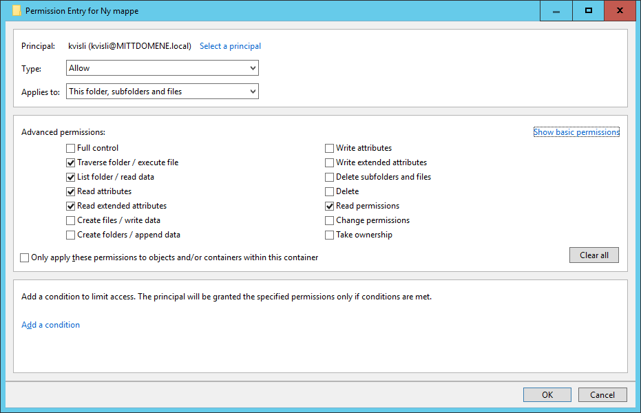 9 Filsystemet NTFS og rettigheter Knappene Add og Edit (eller View for arvede rettigheter) gir begge skjermbildet nedenfor.