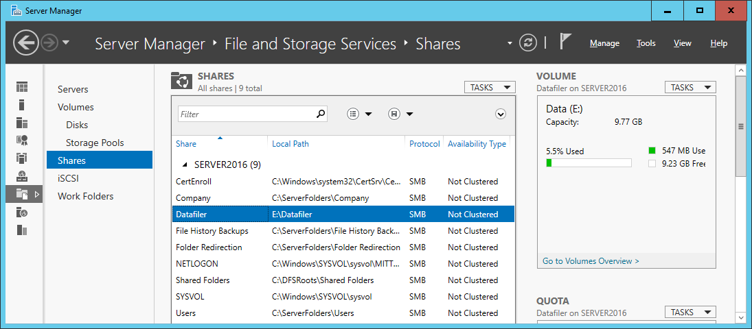 10 Delte mapper og delingsrettigheter File and Storage Management På en Windows Server kan systemadministrator også bruke verktøyet File and Storage Services i Server Manager for å administrere delte