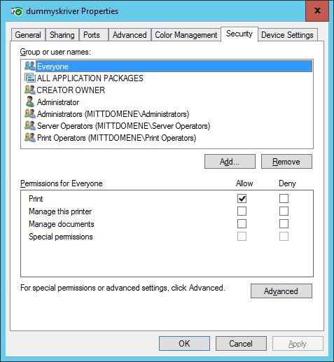 11 Skriveradministrasjon Skriverrettigheter Du kan tildele rettigheter til logiske skrivere på tilsvarende måte som NTFS-rettigheter til filer.