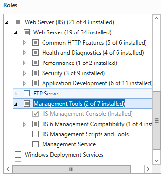 3 Grunnleggende tjeneradministrasjon Web Server (IIS) Denne rollen inneholder Microsofts wentjener Internet Information Services (IIS), en FTP tjener for filoverføring, samt verktøy for å