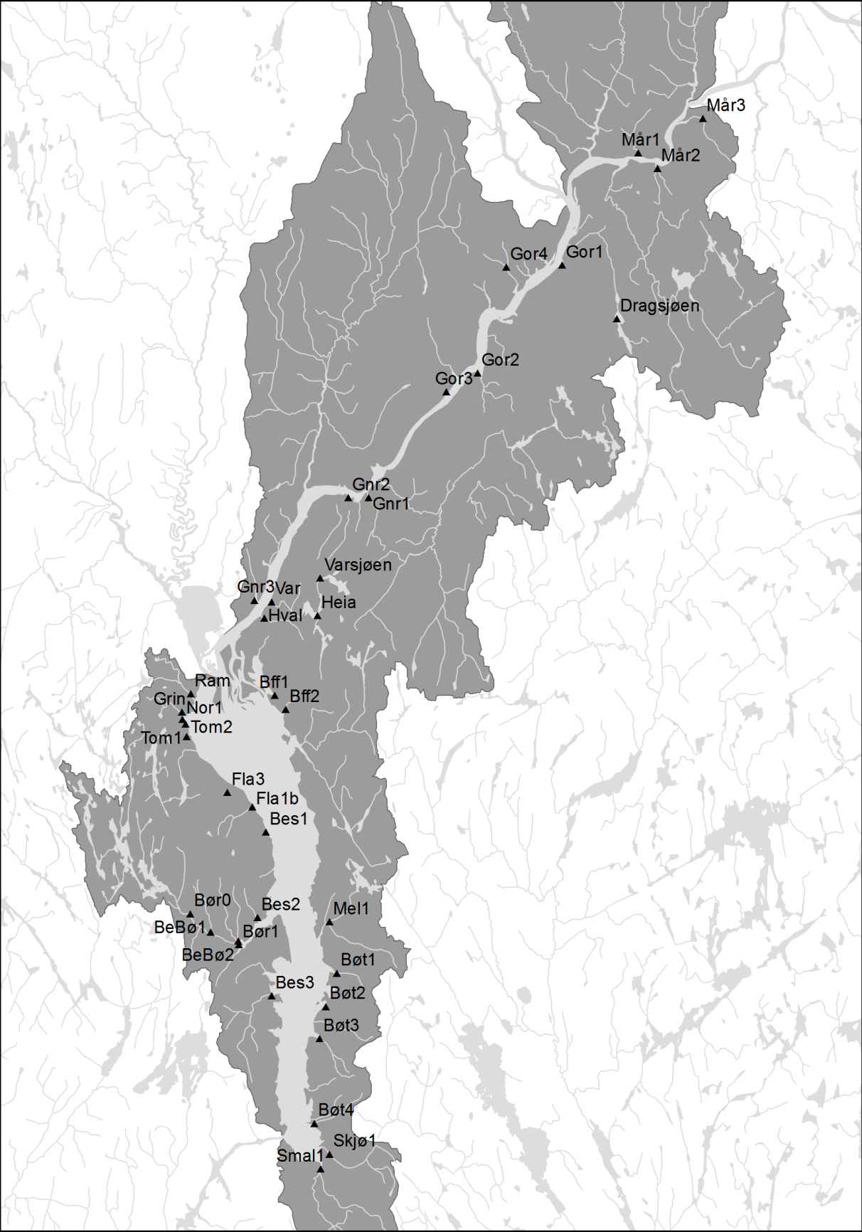 Figur 4. Vannområde Øyeren, med stasjoner for prøvetaing markert (kartbearbeidelse: R. Brænden/NIVA).