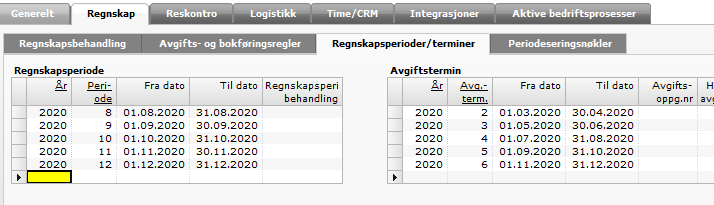 REGNSK.PERIODER OG AVG.TERMINER Når du skal opprette nye avgiftsterminer, så er det nok å skrive inn det nye årstallet.