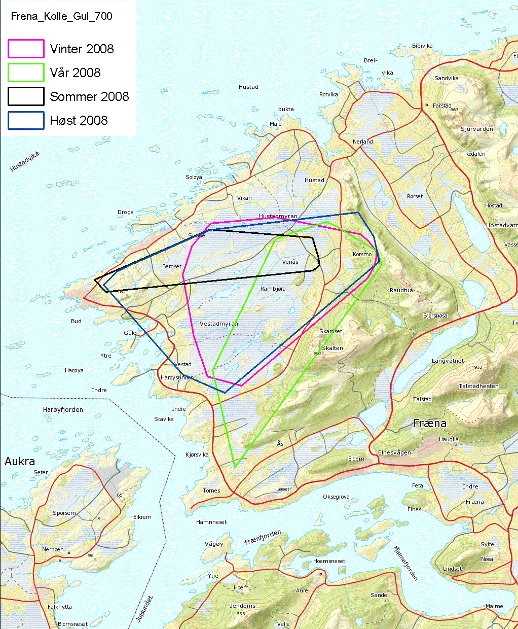 Tabell 7. Jakttidsleveområder (km 2 ) basert på 90 % MCP for GPS merka hjort i Hjortmerkområdet, med gjennomsnittlig areal, standardavvik (S.D.