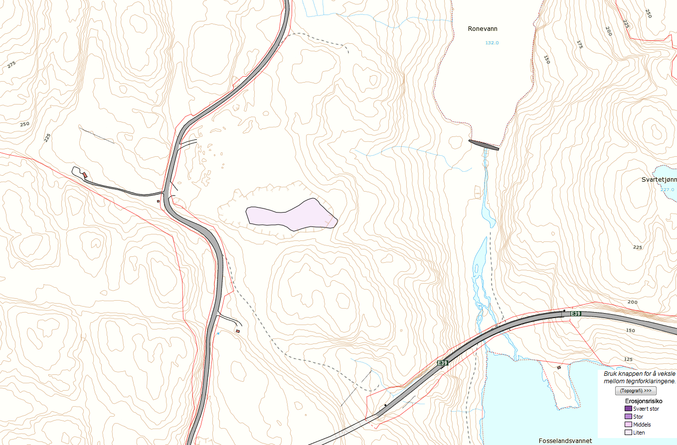 RISIKO- OG SÅRBARHETSANALYSE. NYTT DEPONI PÅ FOSSELANDSHEIA, KVINESDAL KOMMUNE 16 Figur 4. Kart som viser hvor det er middels erosjonsrisiko i området ved det eksisterende deponiet (http://geo.ngu.