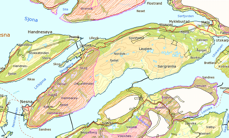 Figur 6. Kartutsnitt av arealbrukskartet til Hestmannen/Strandtindene reinbeitedistrikt som viser høst og høstvinterbeitene i og rundt utredningsområdet for Sjonfjellet vindmøllepark. 4.