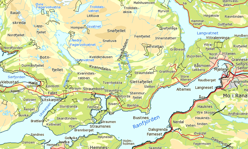 Figur 7. Kartutsnitt av arealbrukskartet til Hestmannen/Strandtindene reinbeitedistrikt som viser flytt- og trekkveiene på strekningen Sjonfjellet Mo i Rana (nettilknytningen). 4.