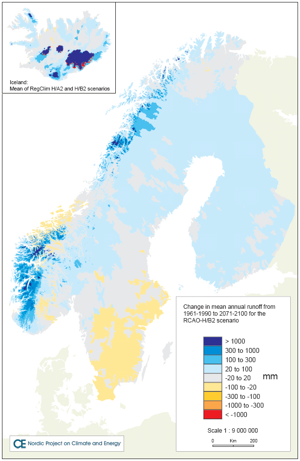 Endring i årlig avrenning (mm) Hadley/A2 Endring i årlig avrenning (mm) Hadley/B2 Endring i