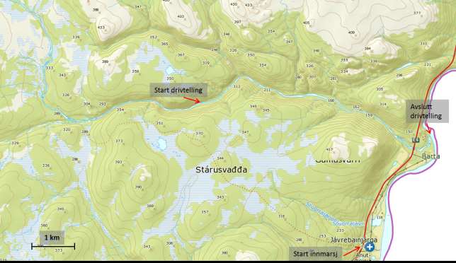 Fig 10: Kart over Baisjohka med markert start og sluttpunkt for drivtellinga 15.9.2014. Det ble i alt observert 64 laks på den undersøkte strekningen.