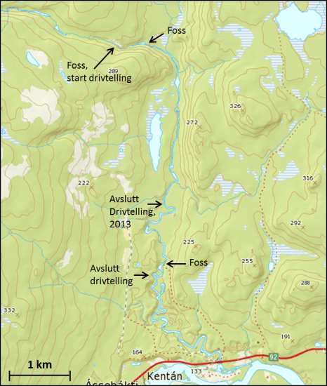 Fig 14: Kart over lakseførende del av Geaimmejohka med markert start og avslutningspunkt for drivtellingene i 2013 og 2014.