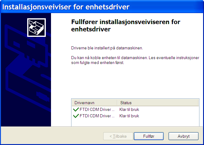 1.6 Installasjon av driver for ViaTrip boks og temperatur sensor Innstallasjon av USB driver for ViaTrip boks og temperatur sensor viser denne dialogen.