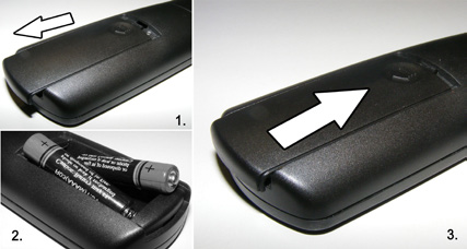 Sätta in batterier i fjärrkontrollen 1. Lyft försiktigt upp locket på fjärrkontrollens baksida. 2.