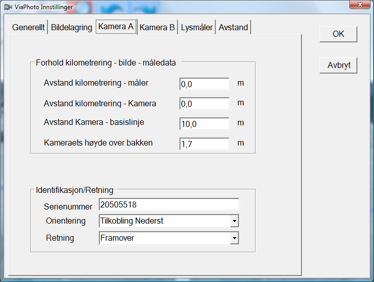 Kamerainstillinger Figur 18 Innstillinger for kamera I innstillinger for kamera kan man sette følgende : Avstand Kilometrering - måler Denne verdien skal settes hvis ViaPhoto Recorder brukes sammen