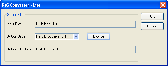 Bruke PtG Converter 1 Start "PtG Converter - Lite.exe" eller dobbeltklikk på -ikonet på skrivebordet for å starte programmet. 2 Klikk på for å velge en PowerPoint-fil og starte en konvertering.