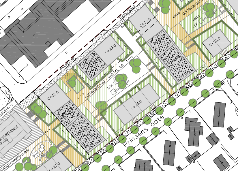 I øst-vestlig retning gjennom uteoppholdsarealet planlegges det en langsgående gangforbindelse som integreres som del av uteområdet og som sammenfaller med den eksisterende gangforbindelsen i øst og