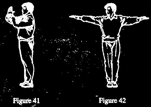 31.29 Pause 31.29.1 Kampdommeren strekker armene ut til hver side med håndflatene vendt opp, pekende mot motstandernes respektive hvileplasser (fig. 42). 31.30 