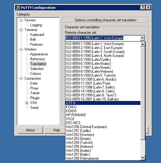 Innledning PuTTY (1): Velg tegnkoding Velg «Translation» fra menyen til venstre, og sett
