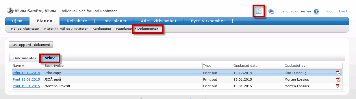 32 SamPro 4.4 Arkiv: - Ved utskrift av plan er det lagt til ny funksjon for Lagre kopi av plan - se mer beskrivelse under punkt Utskrift.