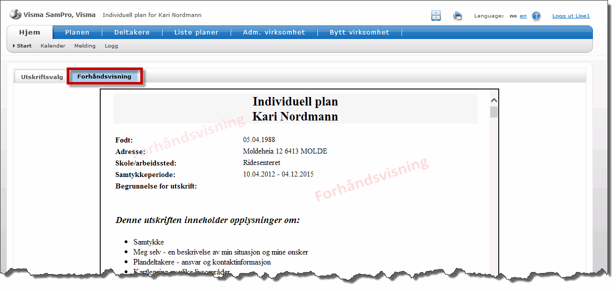 40 SamPro 4.4 Om utskriften På første side oppfordres den som tar utskriften til å ta forholdsregler slik at ikke informasjonen tikommer andre enn de som er omfattet av planeier sitt samtykke.