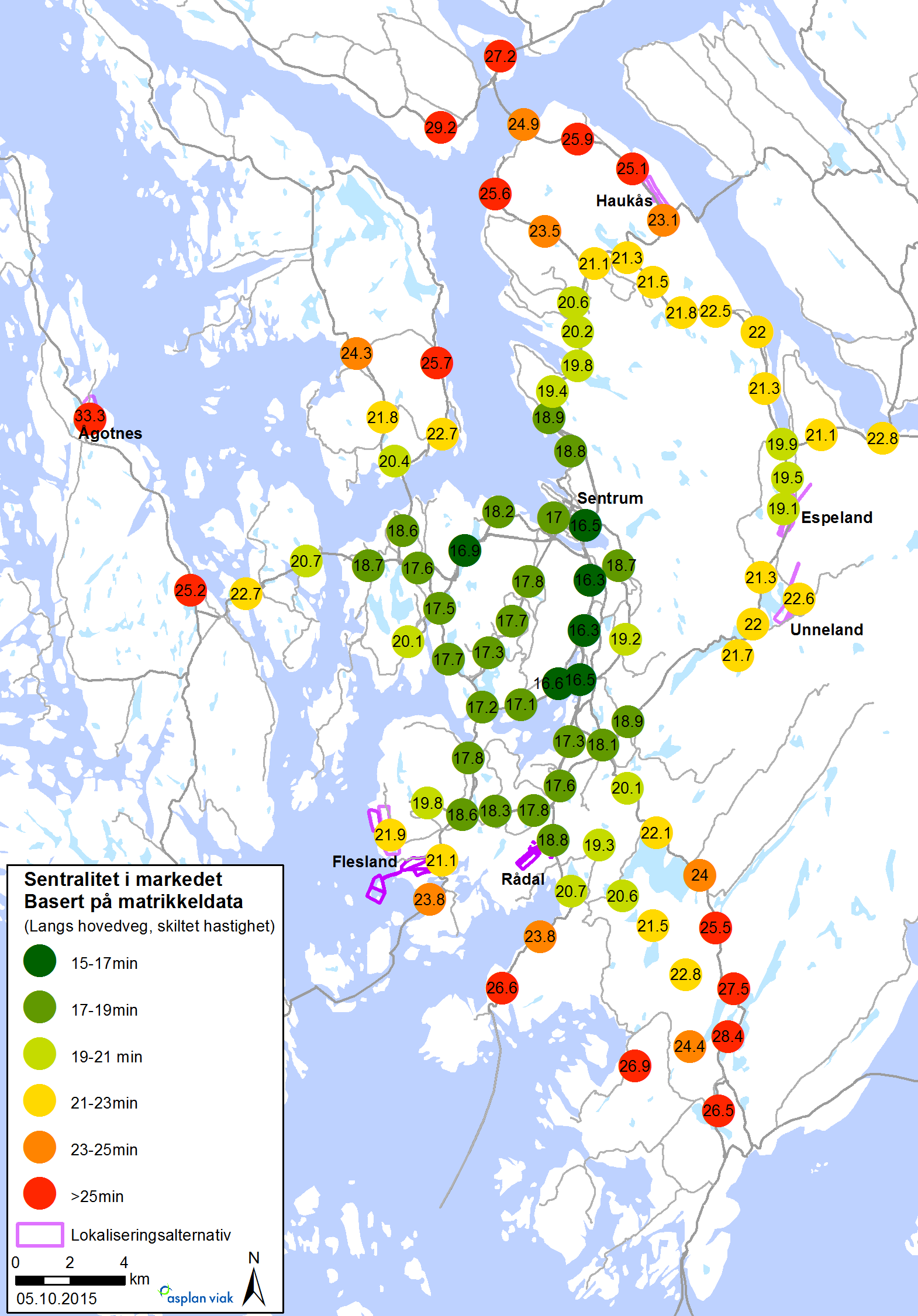 KVU logistikknutepunkt for Bergensregionen - Konseptrapport 66 Figur 7-5: Beregning av gjennomsnittlige reisetider for alt bruksareal næring i