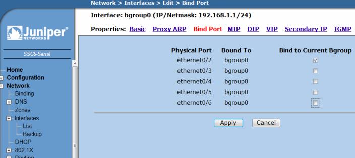 Juniper SSG5 er preconfigurert med bridge group (bgroup) interface. Disse er: bgroup0, bgroup1, bgroup2 og bgroup3.