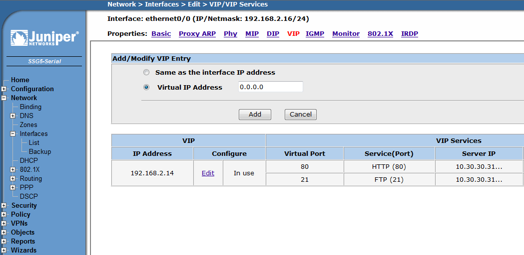 Konfigurering av MIP Velg Network/Interfaces/Interface: ethernet0/0 / MIP/New Mapped IP: Public IP-adresse Host IP: Intern IP-adresse på server/host Host Virtual Router Name: Definer Virtual router